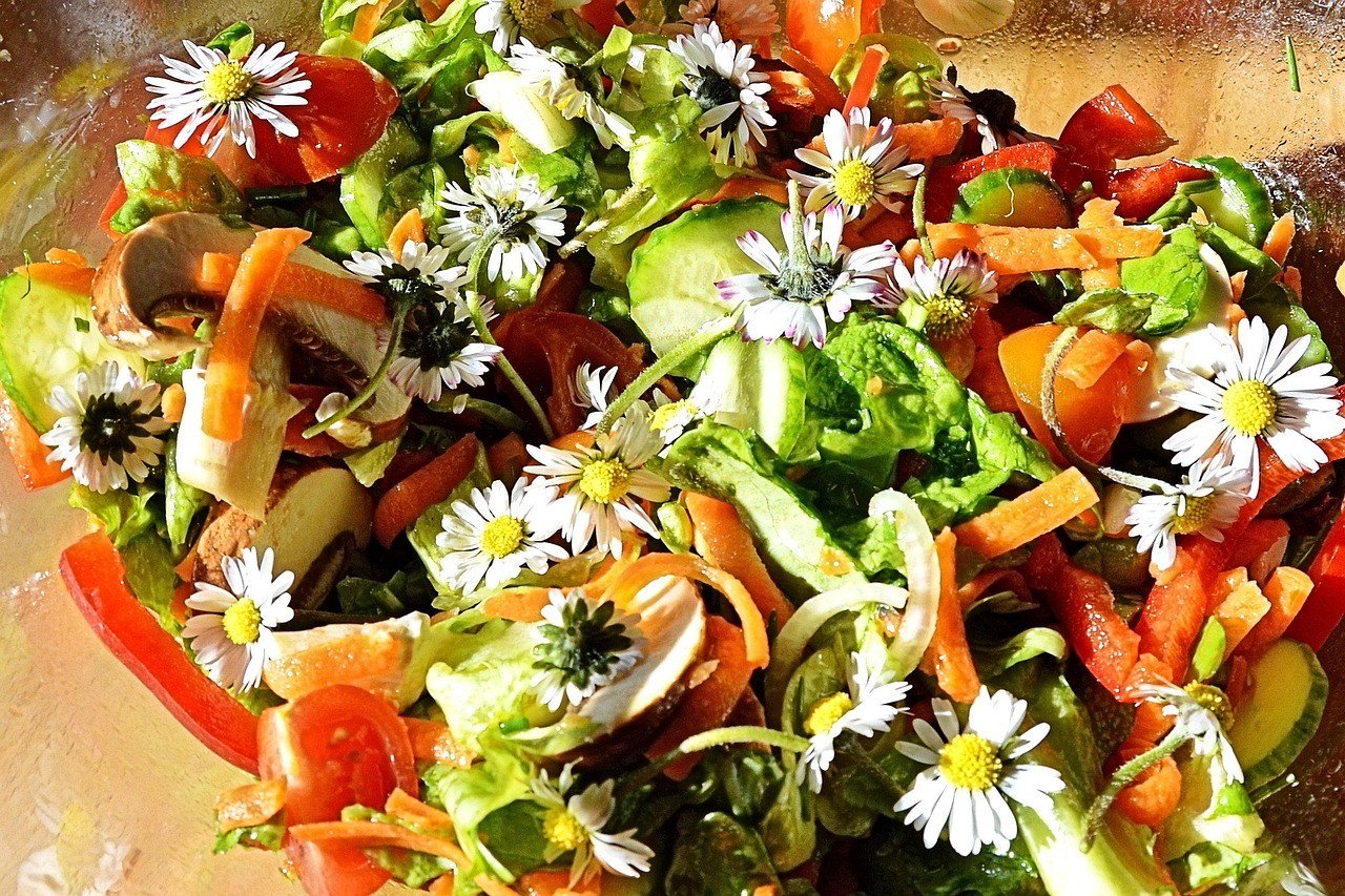 Wildkräutersalat Wildkräutersalat mit Gänseblümchen, Gurken udn Tomaten