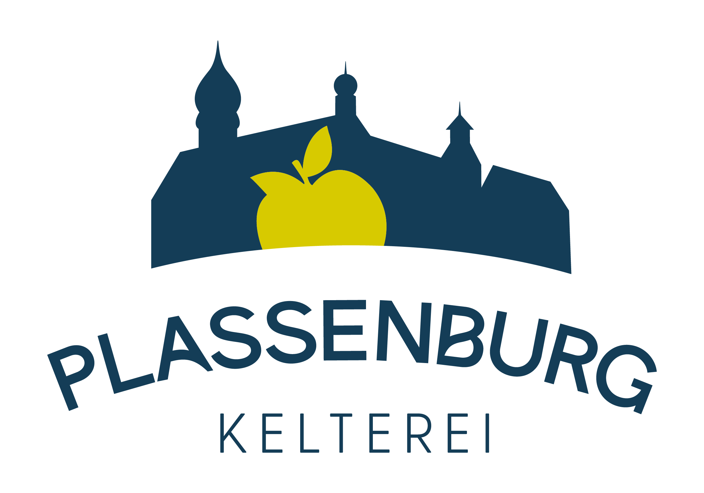 Logo mit stilisierter Silhouette eines Schlosses und einem Apfel davor sowie dem Schriftzug 'PLASSENBURG KELTEREI'