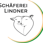 Schwarz-weiße Linienzeichnung zweier sich berührender Schafsköpfe in Herzform mit halbkreisförmigem Rahmen in Grün und Beige und dem Schriftzug 'SCHÄFEREI LINDNER'