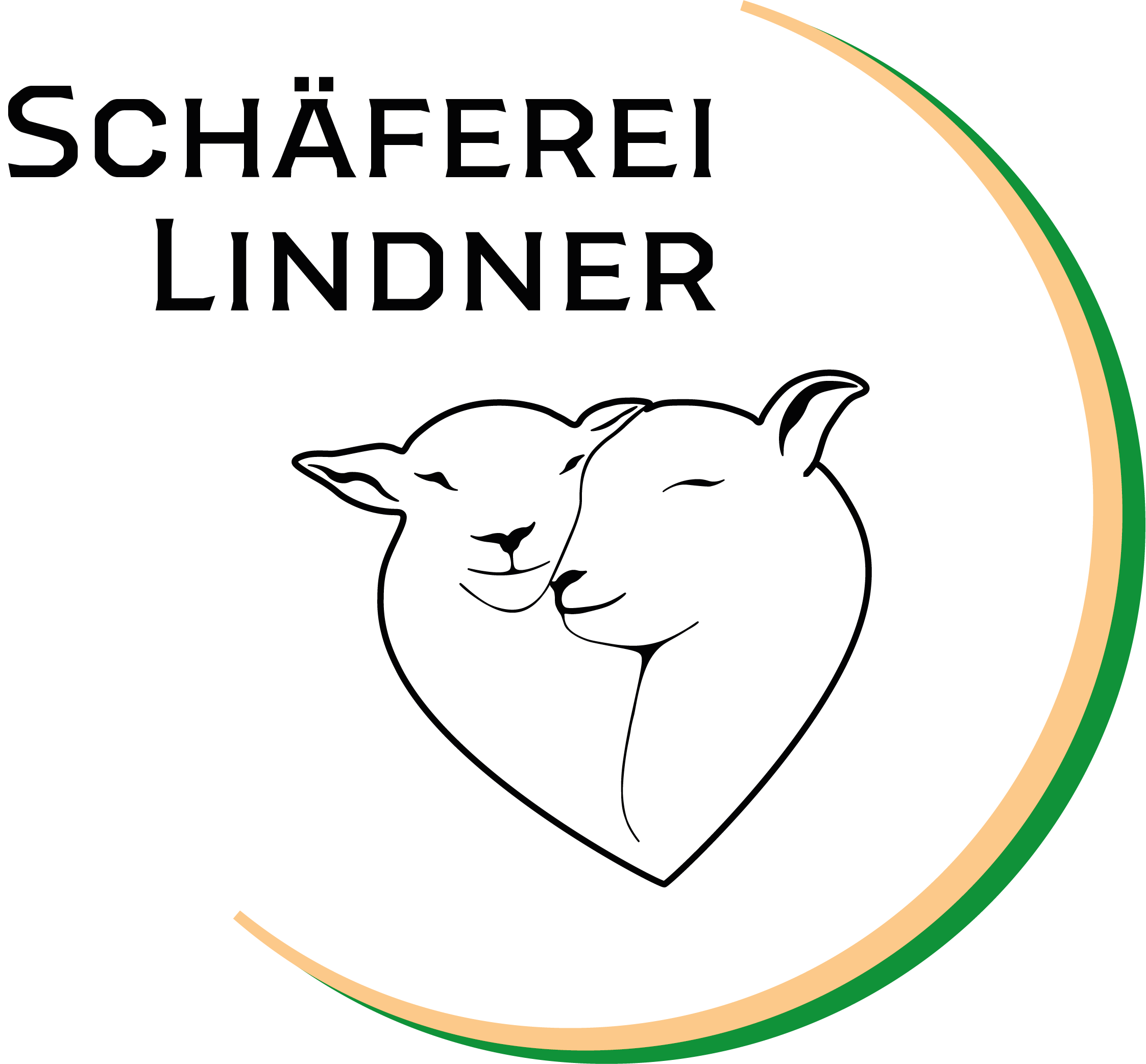Schwarz-weiße Linienzeichnung von zwei sich aneinander schmiegenden Schafen in Herzform mit dem Text 'SCHÄFEREI LINDNER' und einem halbkreisförmigen grünen und gelben Bogen rechts